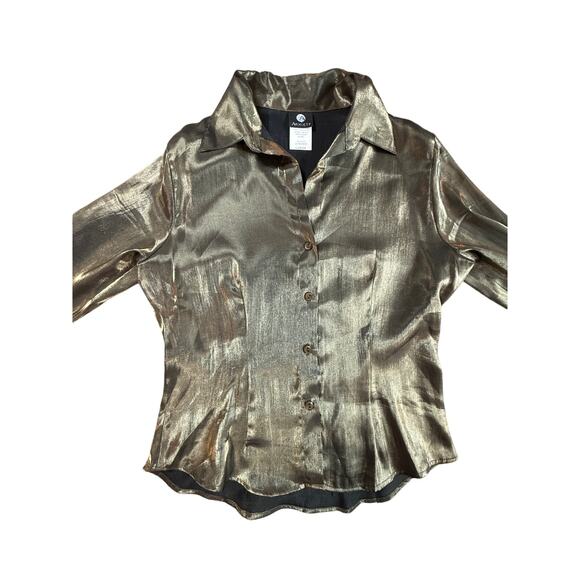 Vintage 90’s “Anxiety” Metallic Gold Iridescent Fitted Ladies Button-Down Blouse - Picture 2 of 5
